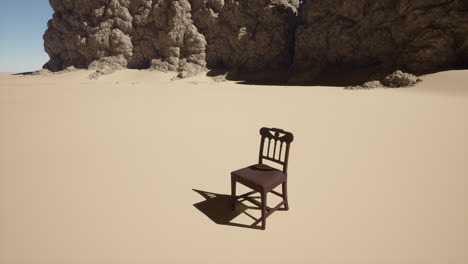 a wooden chair in a desert landscape