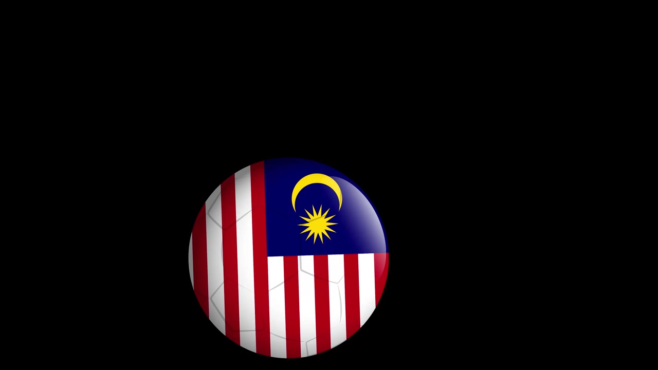 Animated soccer balls with Malaysian flag textures bounce across a solid black studio background.