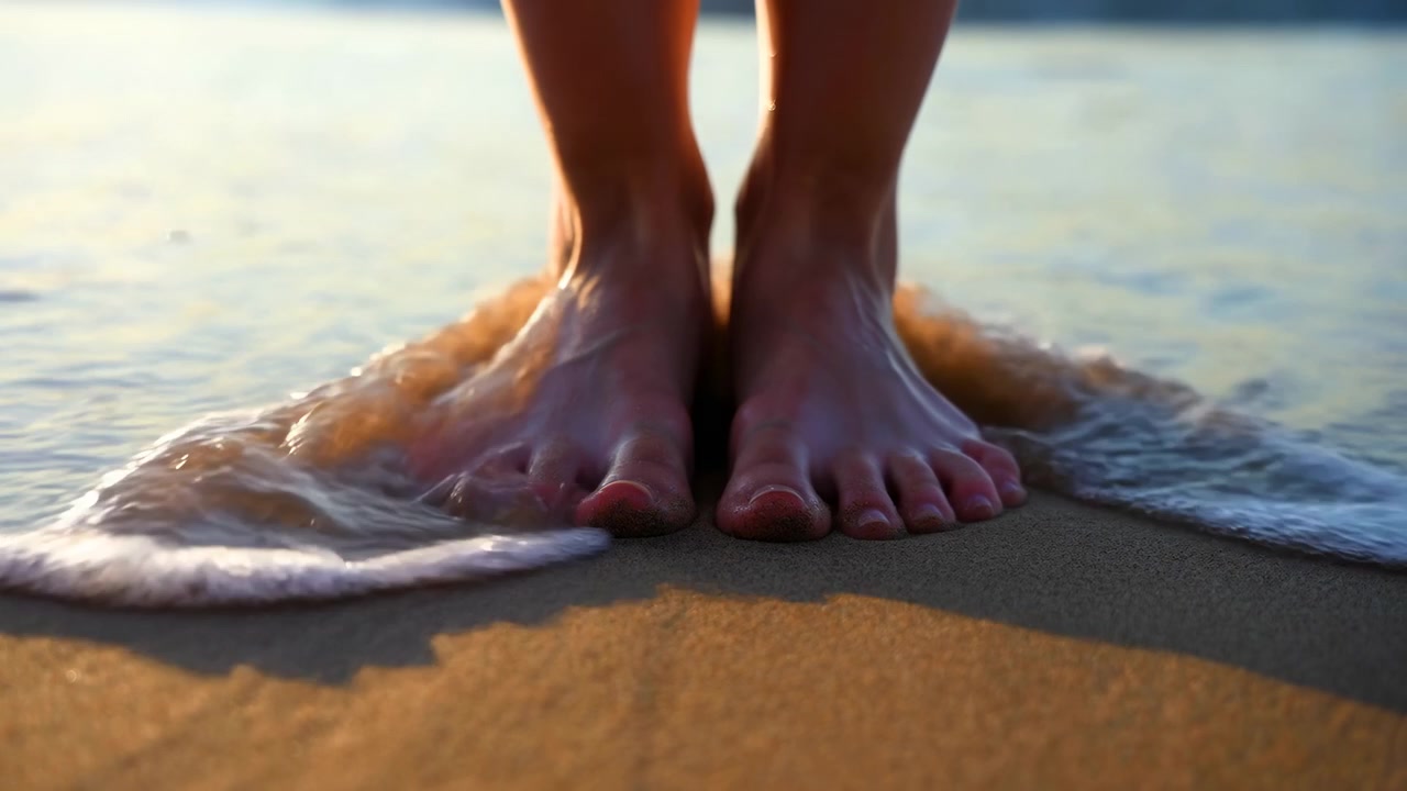 Scena in movimento ravvicinata che mostra piedi e caviglie inferiori in piedi al livello dell'acqua mentre la risacca bassa scorre intorno alle dita dei piedi, bagnando la pelle, spostando la sabbia e catturando la calda luce del tramonto, con piedi, dita dei piedi, sabbia