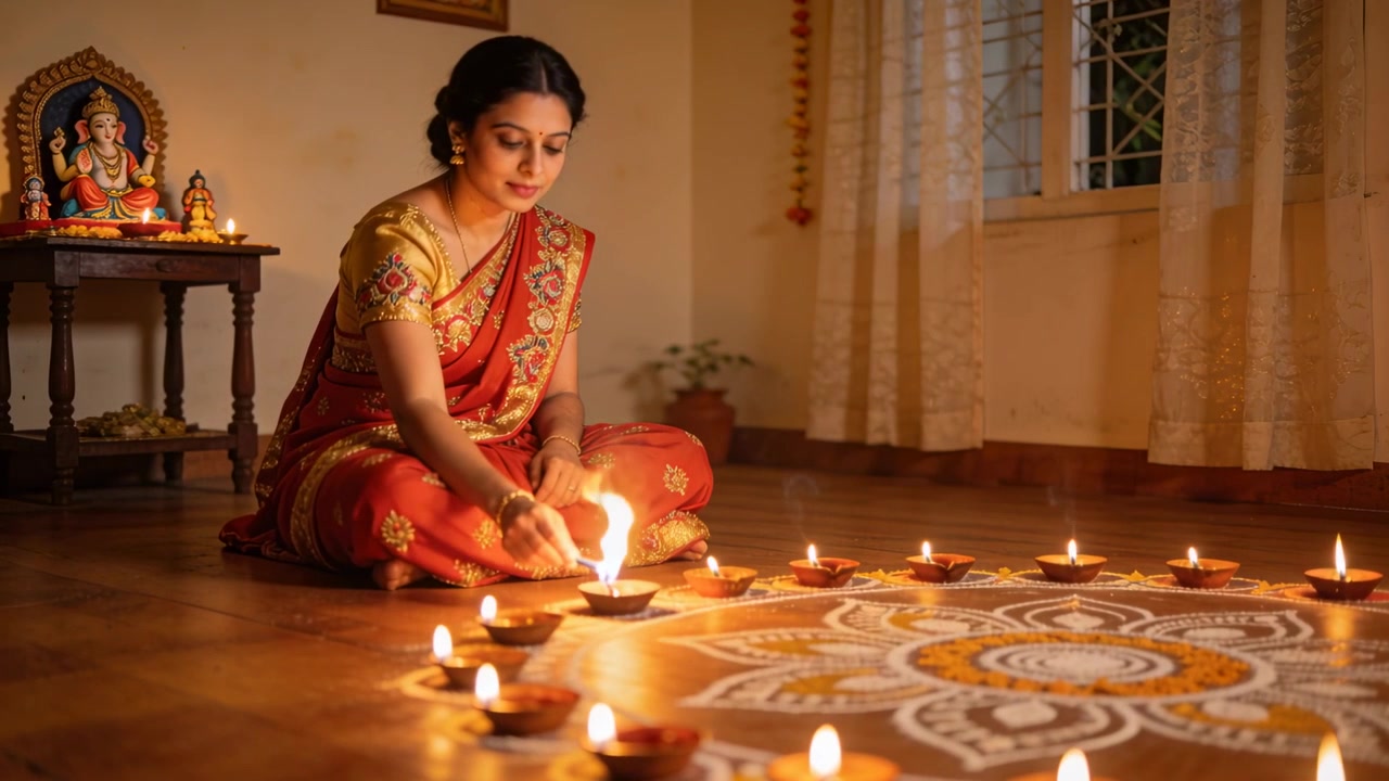 Donna che accende un fiammifero in sari rosso, accendendo diya intorno a un rangoli sull'altare domestico di Ganesha per la preghiera