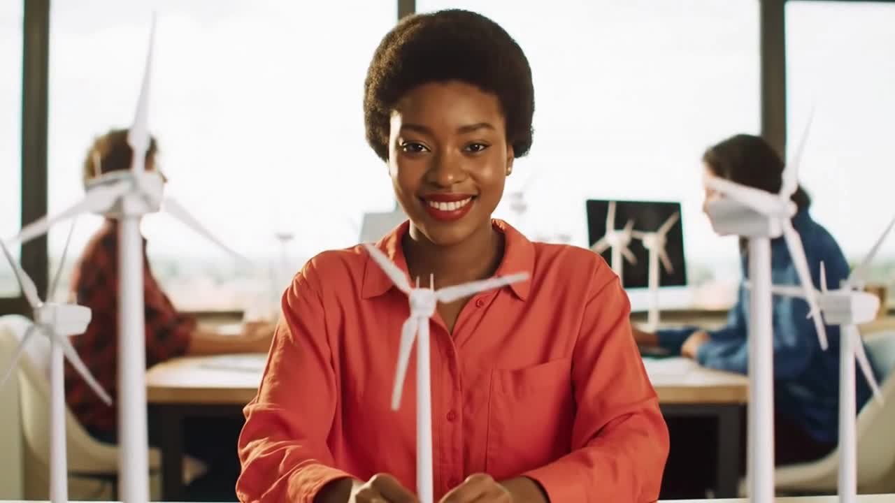 Ritratto di una sorridente ingegnera afroamericana che tiene in mano un modello di turbina eolica