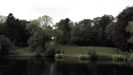 Lloviendo-Bosques-Del-Parque-Junto-A-La-Superficie-Del-Lago-De-Hierba-Verde-En-Bruselas,-Bélgica