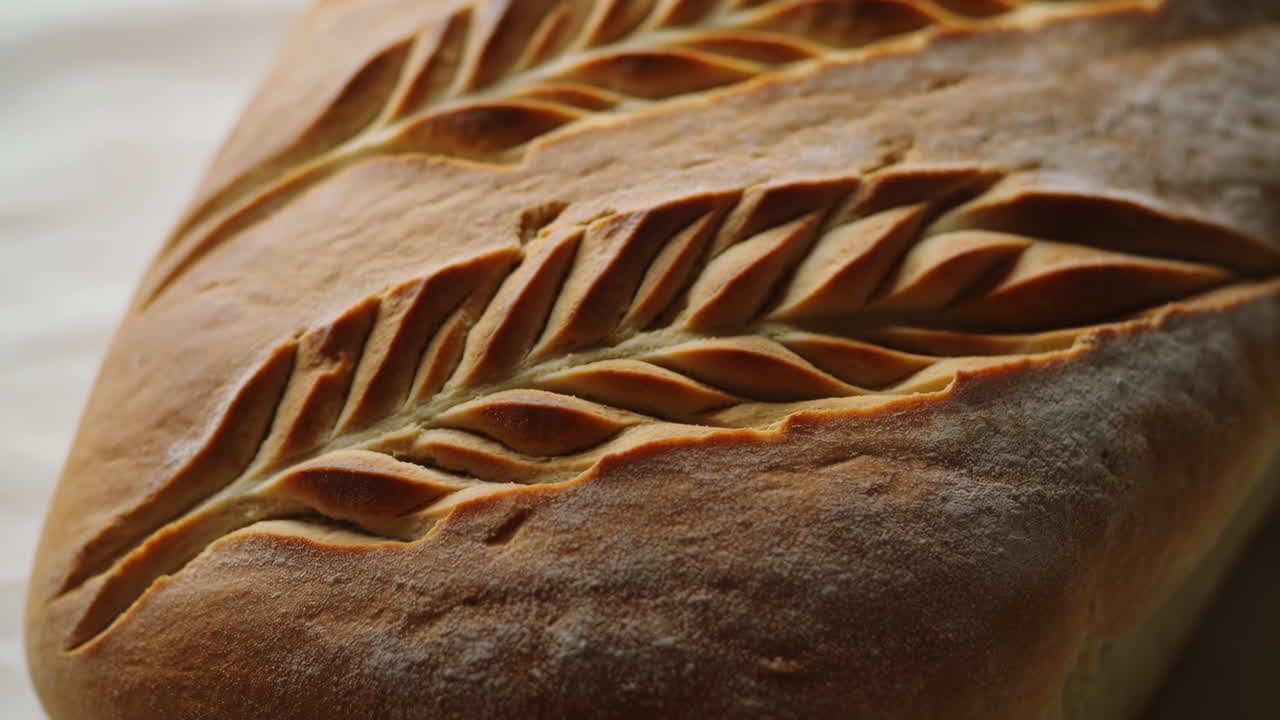 Rustic Scored Sourdough Loaf Closeup, Decorative Leaf Scoring Across Flourdusted Crust, Deep Caramel Tones
