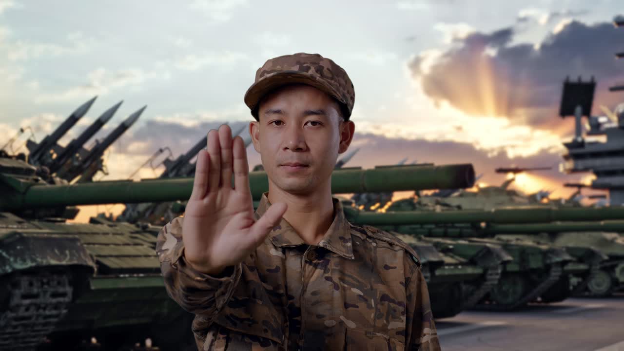 Close de um soldado asiático olhando para a câmera e desaprovando com um sinal de "não", enquanto está em pé perto de um tanque