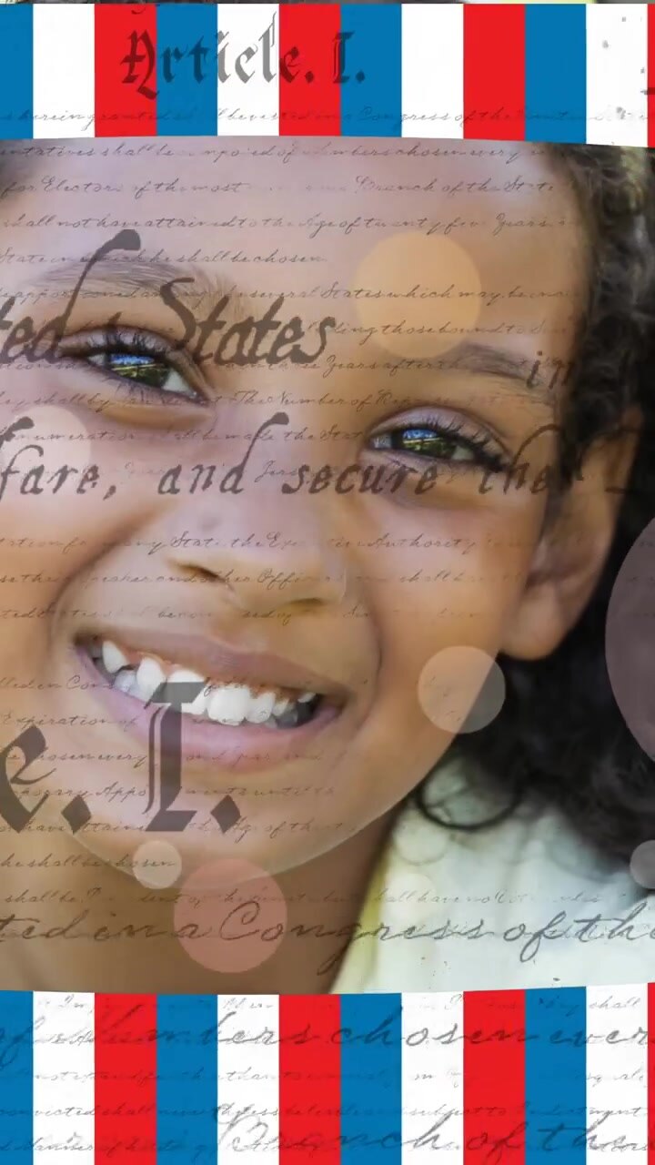 Animazione di una ragazza sorridente su un documento e bandiera americana