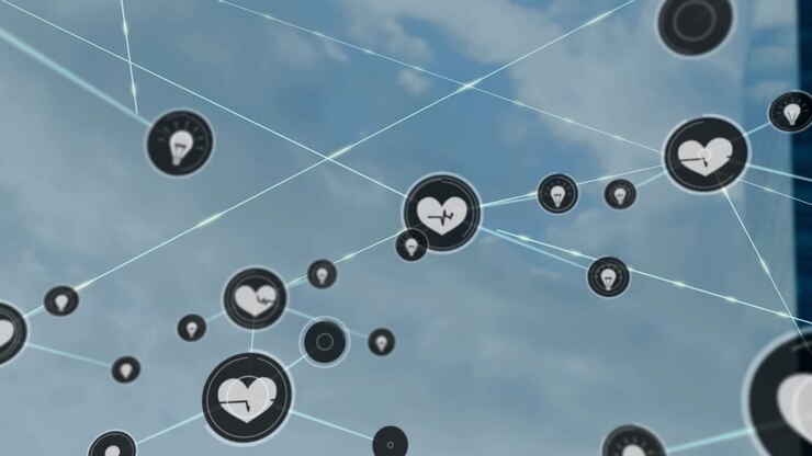 Animation of network of connections with icons over modern building