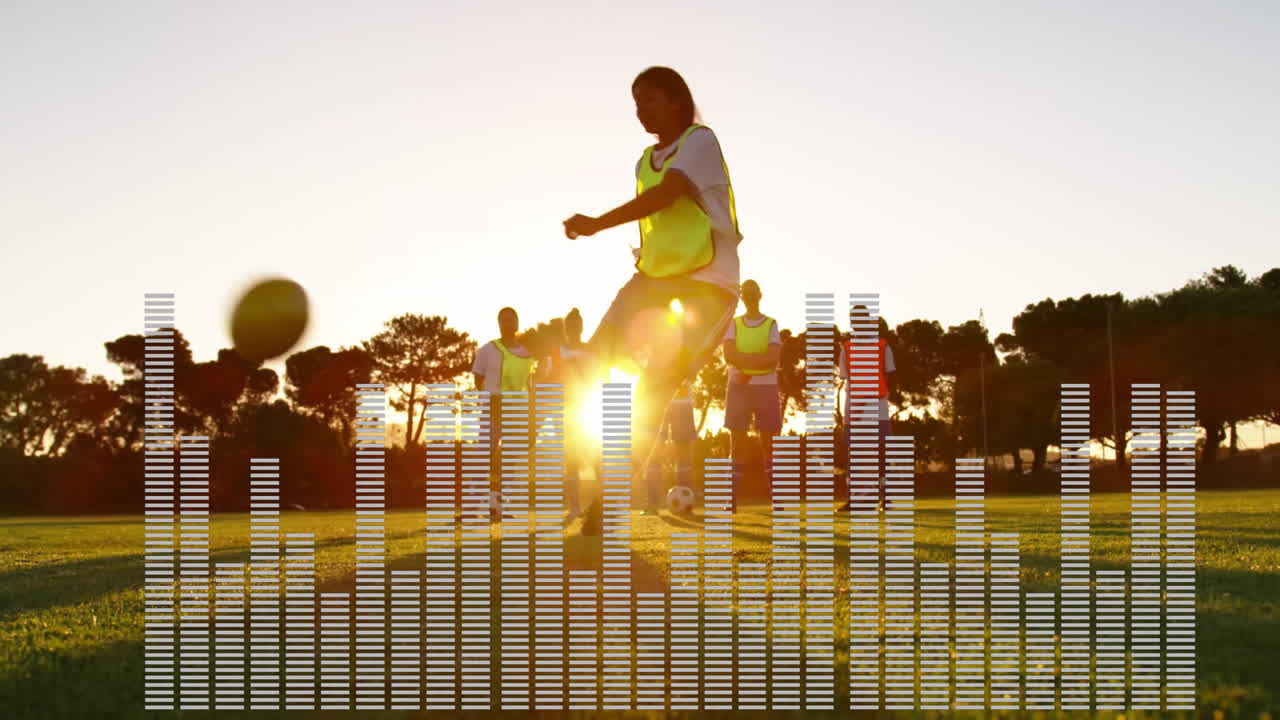 Soccer players practicing on field with audio equalizer animation overlay