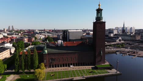 Stockholm-City-Hall---Forward-Drone-Shot-in-Summer