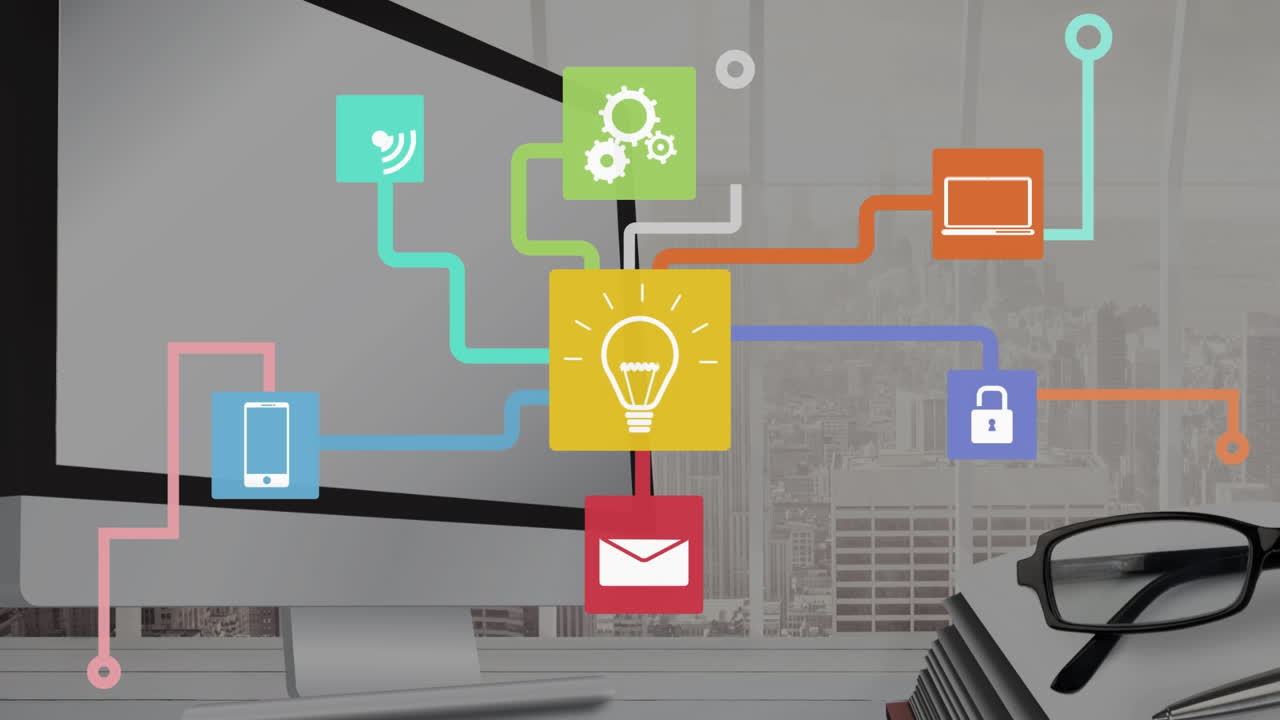 사무실에서 복사 공간을 가진 컴퓨터 화면에서 기술 아이콘의 애니메이션