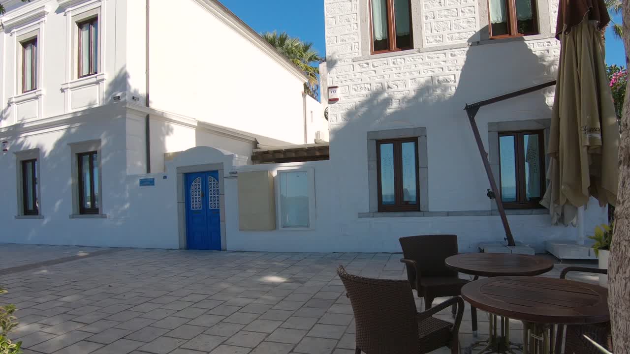 Cinematic reveal classic aegean style white houses in Bodrum Turkey