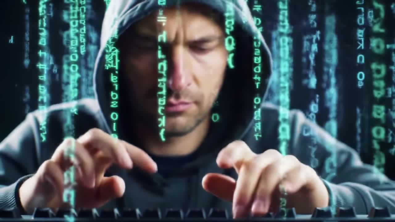 A Focused Individual in a Hoodie Engaging with a Computer, Surrounded by Glowing Code, Illustrating the Concepts of Hacking and Cybersecurity