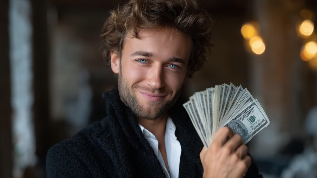 Giovane uomo sicuro di sé che tiene in mano un ventaglio di contanti, mostrando ricchezza e prosperità in un ambiente moderno e ben illuminato, con un sorriso carismatico che riflette il suo successo