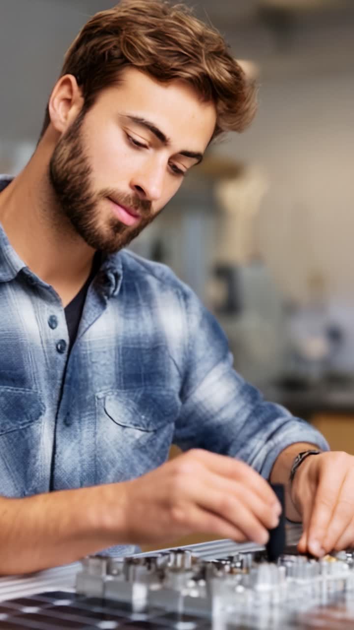 Produzindo com precisão: um artesão focado trabalha diligentemente nos componentes para criar soluções inovadoras com cuidado e atenção em um ambiente de oficina moderno