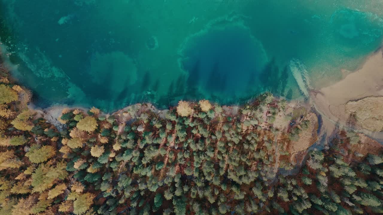 Drone flying over colourful autumn trees leaves to the cristal clear blue mountain lake Palpuogna in Switzerland on Albulapass