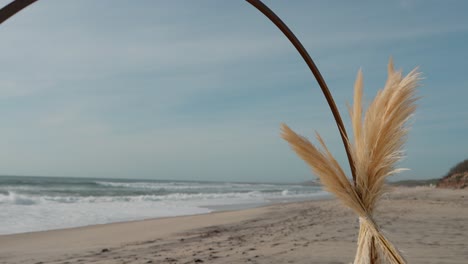 curved beach arch with pampas grass facing waves and clear sky at seaside ceremony