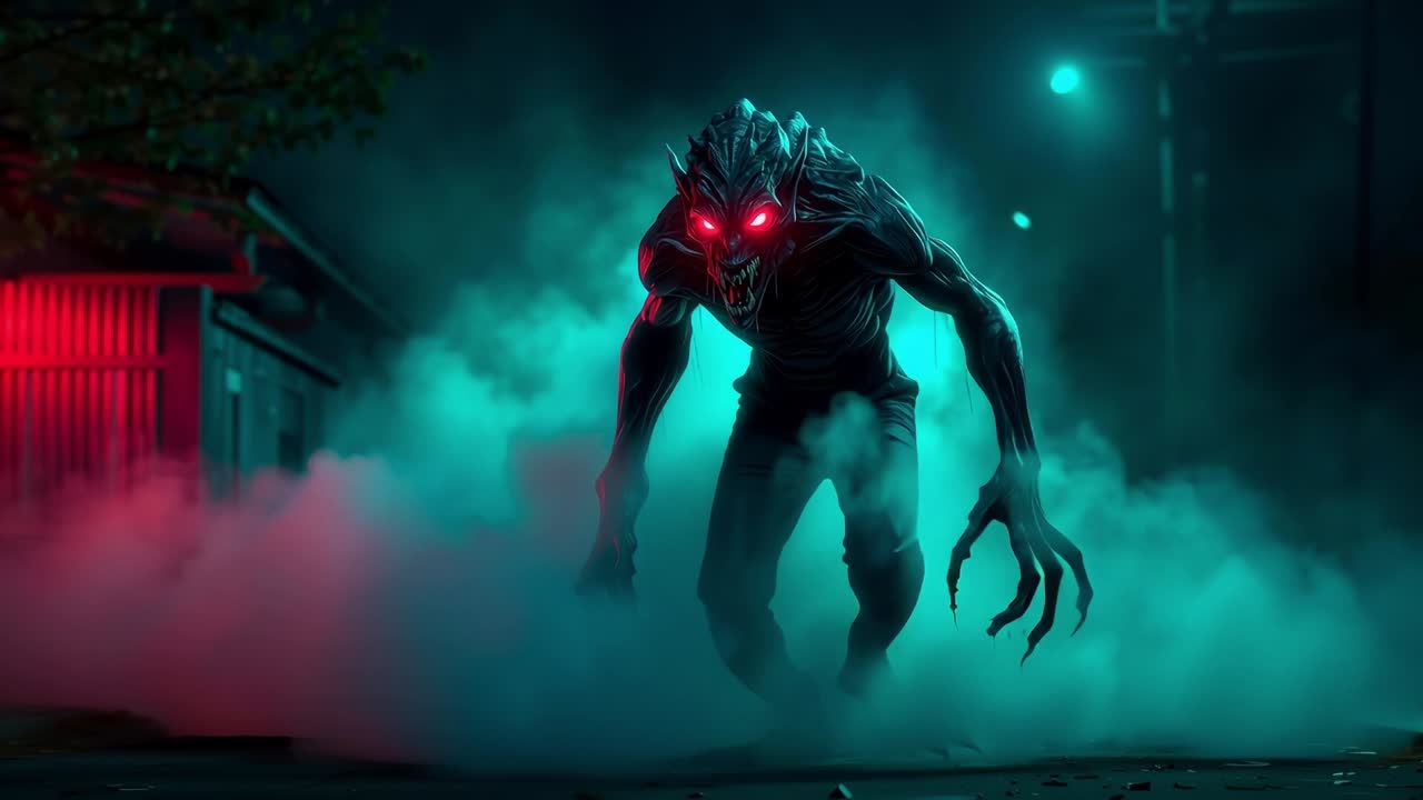A demonic creature with red eyes standing in the dark
