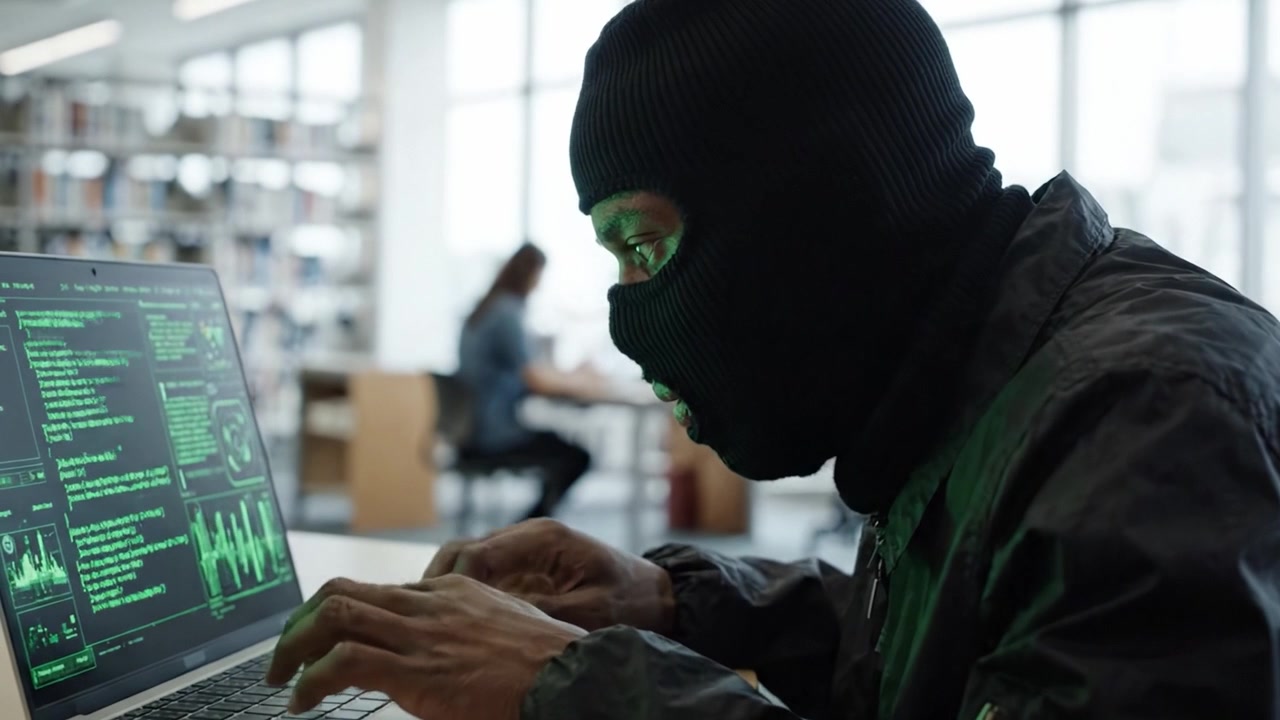 Mysterious Figure in Black Mask Engaged in Intense Hacking Activity on Laptop Surrounded by High-Tech Graphics and a Busy Library Setting