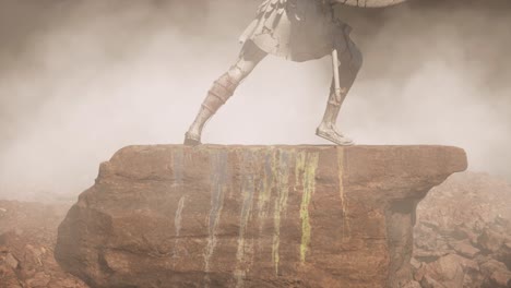 estatua de antiguos guerreros griegos en posición de lucha, desgastada por el tiempo, colocada sobre una gran roca, con niebla y humo en el fondo, cámara de animación 3d que sube lentamente