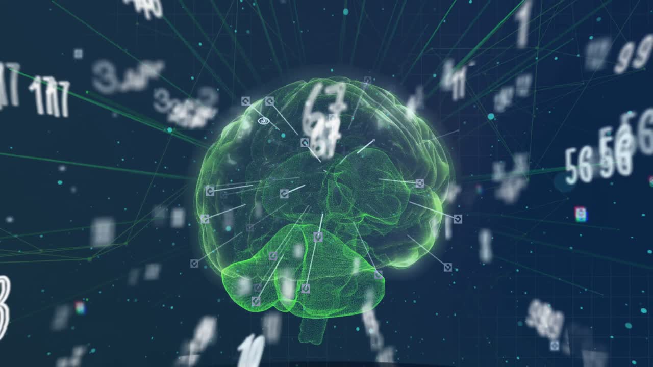 animación de números cambiando sobre el cerebro humano brillante