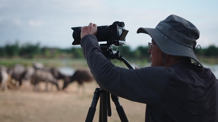 Photographer taking picture of water buffalo