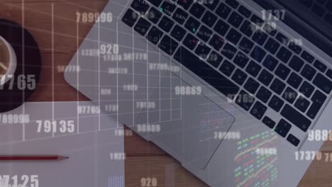 animation of changing numbers, stock market data processing over close up of laptop and coffee cup