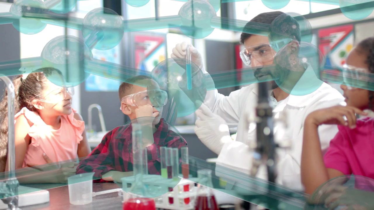 Lærer holder et blåt reagensglas og tilsætter opløsning med pipette, mens han/hun vejleder studerende i et kemilaboratorium.