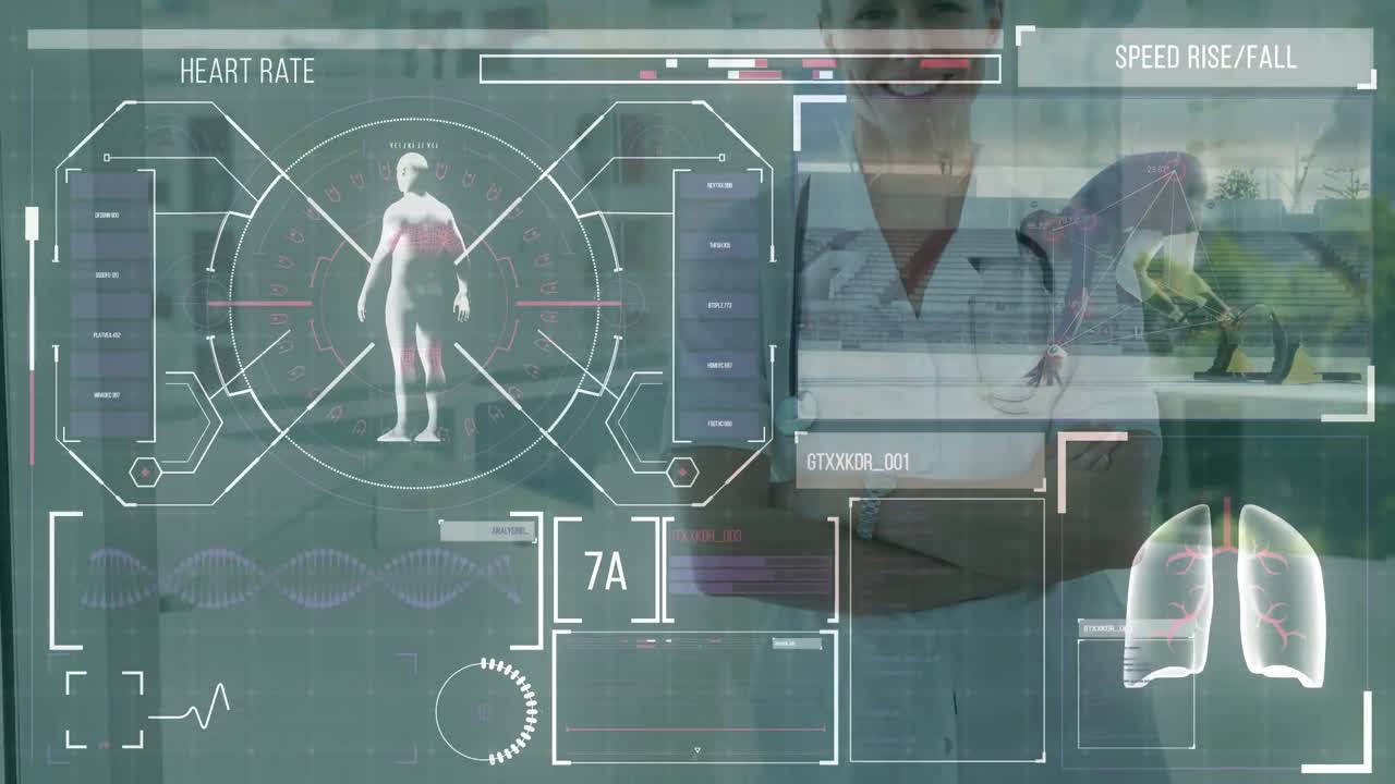 Animation of health interface processing data over running sportsman and smiling female doctor