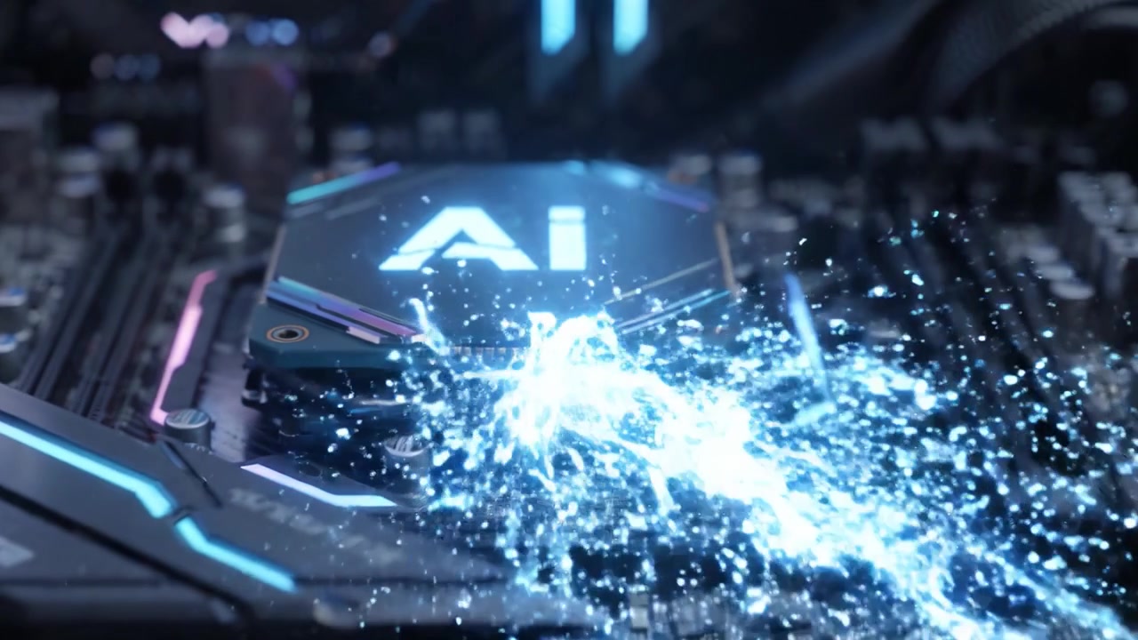 Detailed Close-Up of Computer Motherboard with Advanced Components and LED Lights, Showcasing the Integration of AI Technologies in Modern Hardware