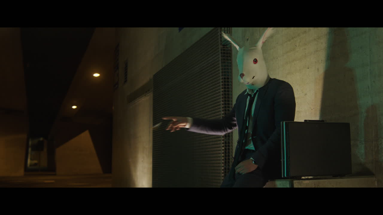 Man in a rabbit head mask