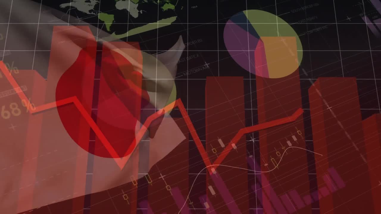 animación de procesamiento de datos y gráficos sobre la bandera de japón en fondo negro