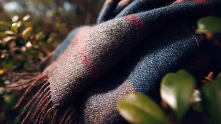 Un primo piano accogliente di una sciarpa testurizzata immersa nel verde, che mette in mostra tonalità calde e motivi intricati per un perfetto look autunnale