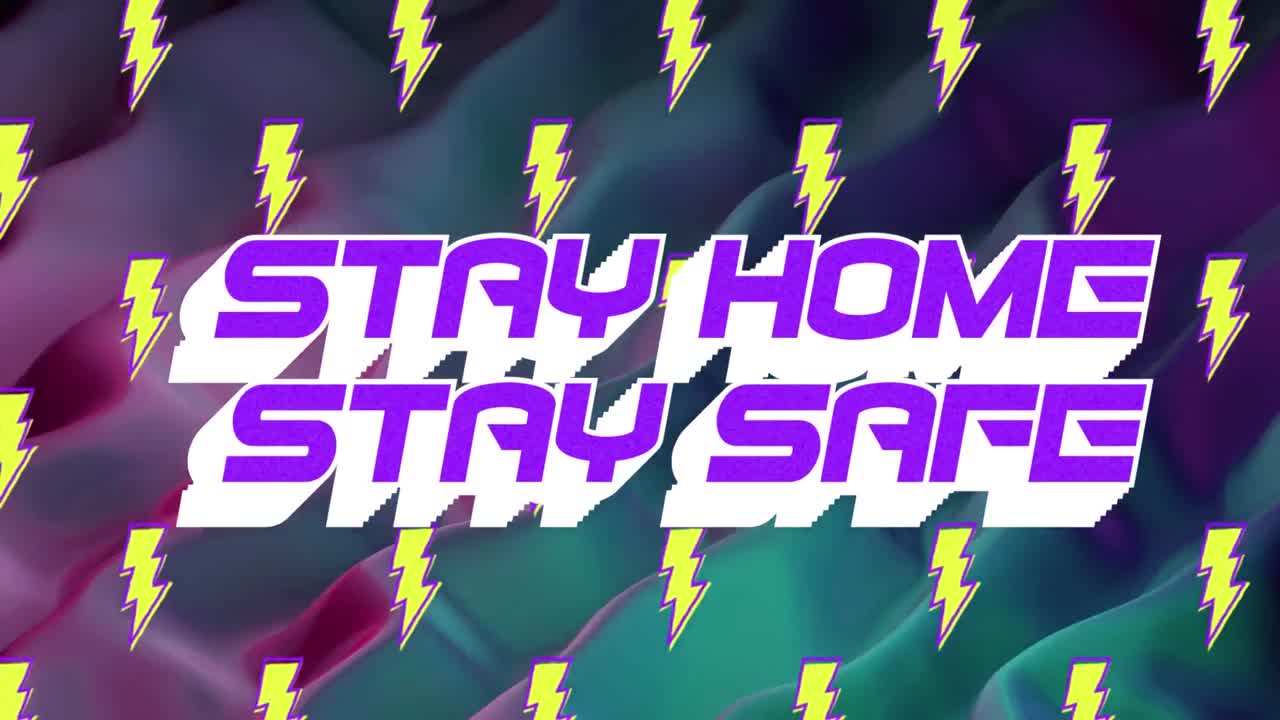 파란색 액체 배경에 떠다니는 번개 아이콘으로 집에 머물러 안전하게 지내십시오