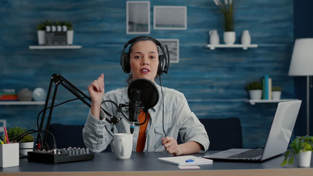 Creative streamer in studio at home recording daily vlog while discussing world events