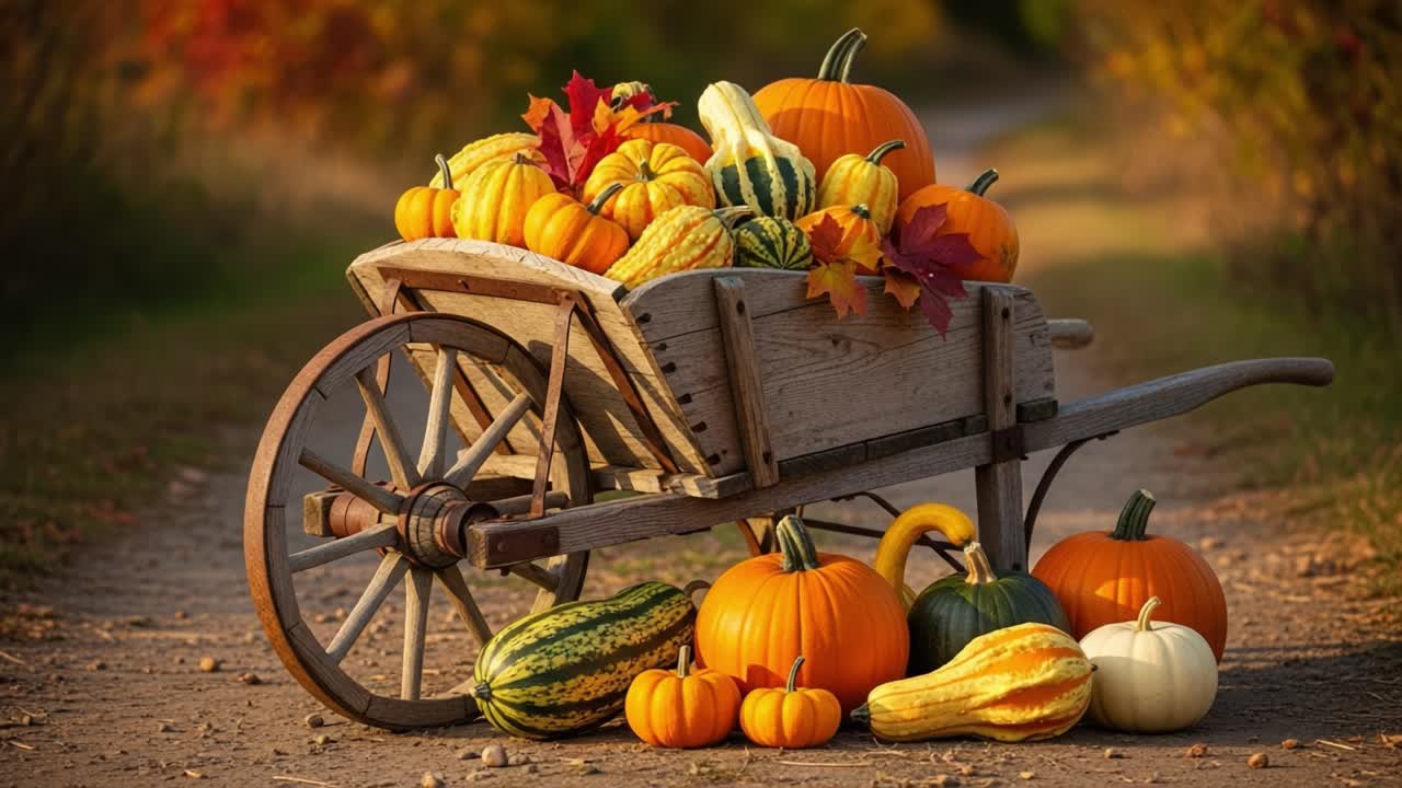 A Rustic Wheelbarrow Overflowing with Vibrant Pumpkins and Autumn Gourds in a Beautiful Fall Landscape