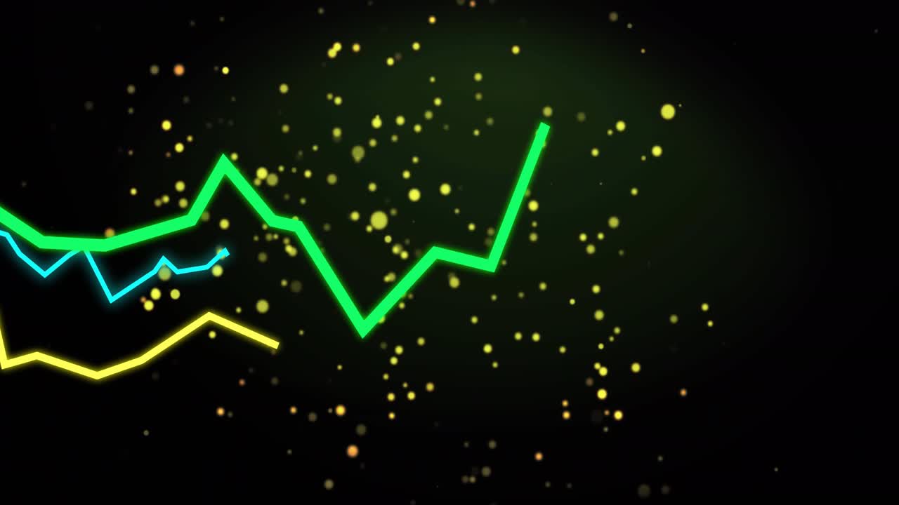 Tre linee neon a zigzag che entrano da sinistra, tracciano picchi frastagliati mentre punti pulsano, visualizzando dati