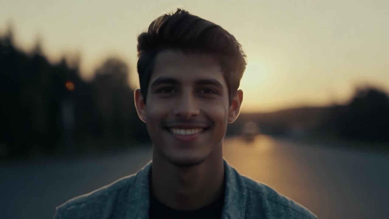 A young man smiles warmly at the camera as the sun sets behind him.