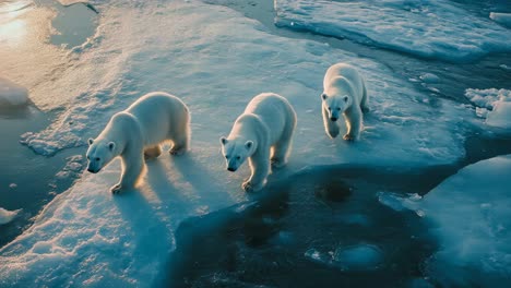 polar bears on ice floe at sunrise/sunset