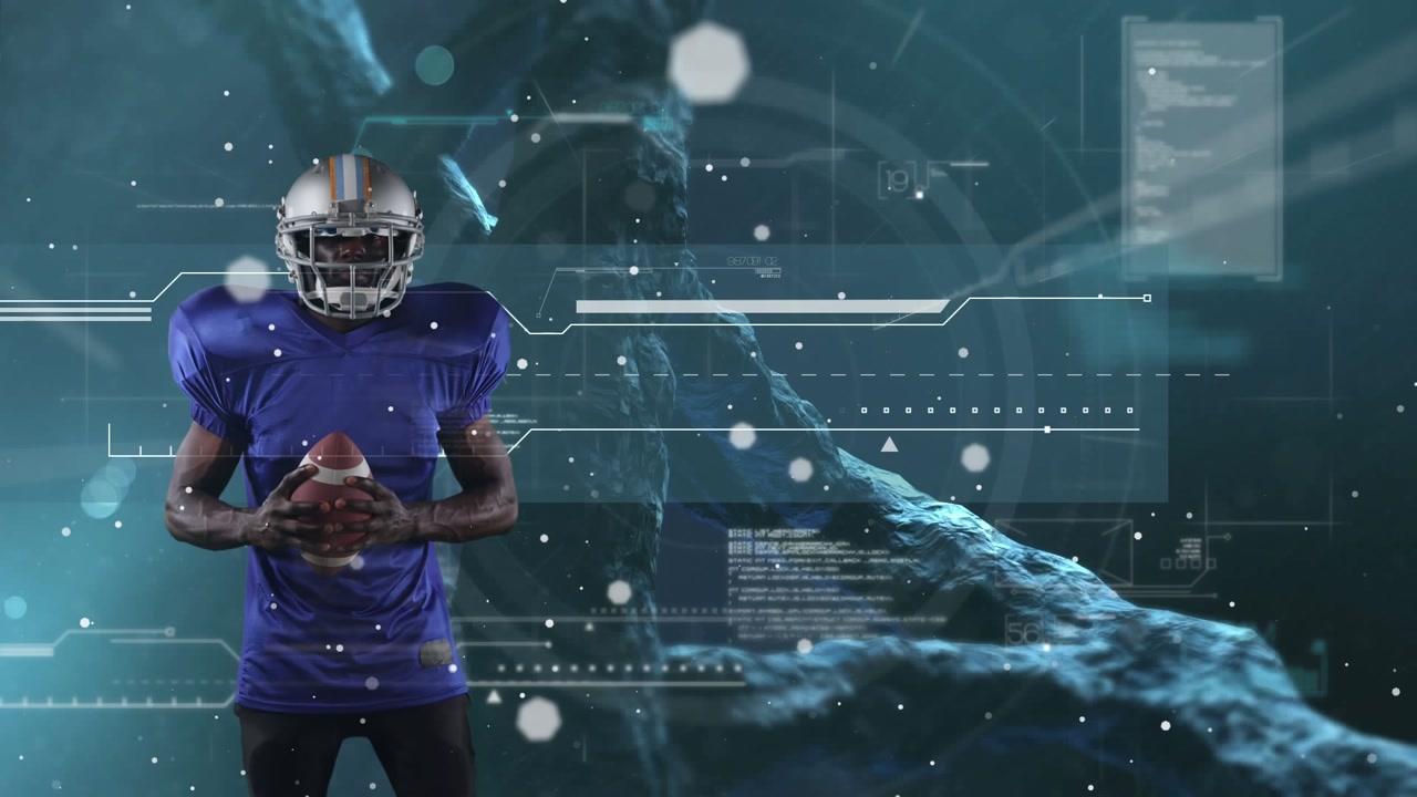 White spots over african american male rugby player against data processing and dna structure