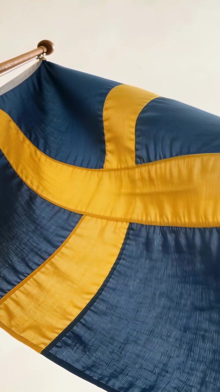 Pystysuuntainen video: Lepattava sinikeltainen pohjoismainen ristilippu ulkona tarttuu tuulenpuuskiin tangossa, näyttää saumoja
