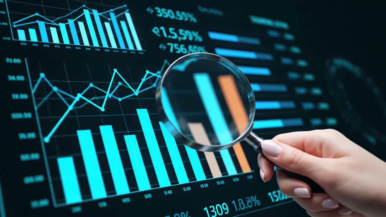 Business analyst investigating financial data with a magnifying glass