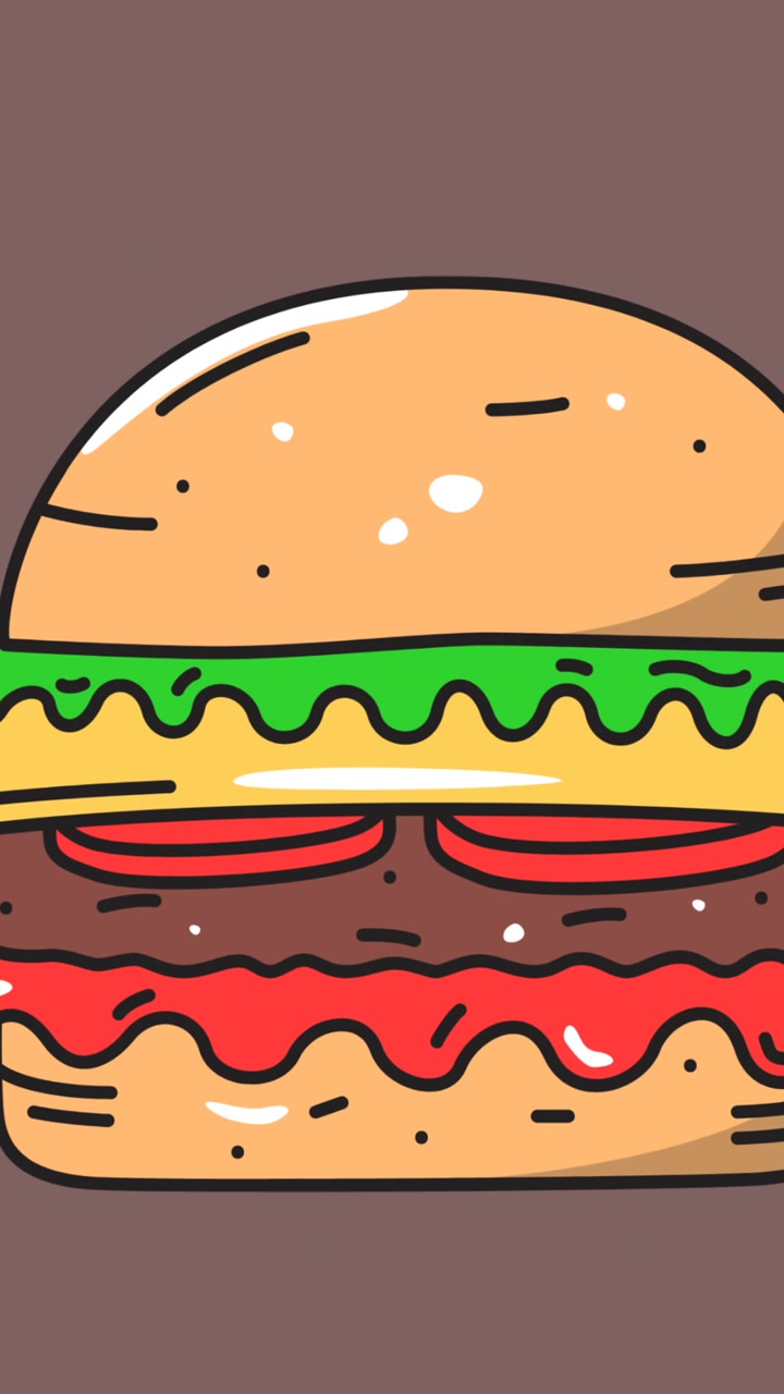 Animazione di icone di pomodori e hamburger su sfondo grigio.