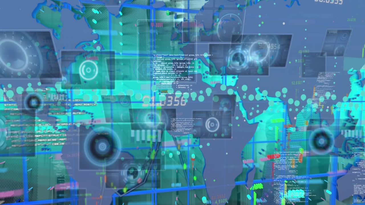 Animation of financial data processing over world map against blue background