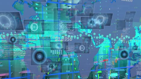 Animación-Del-Procesamiento-De-Datos-Financieros-Sobre-El-Mapa-Mundial-Sobre-Fondo-Azul