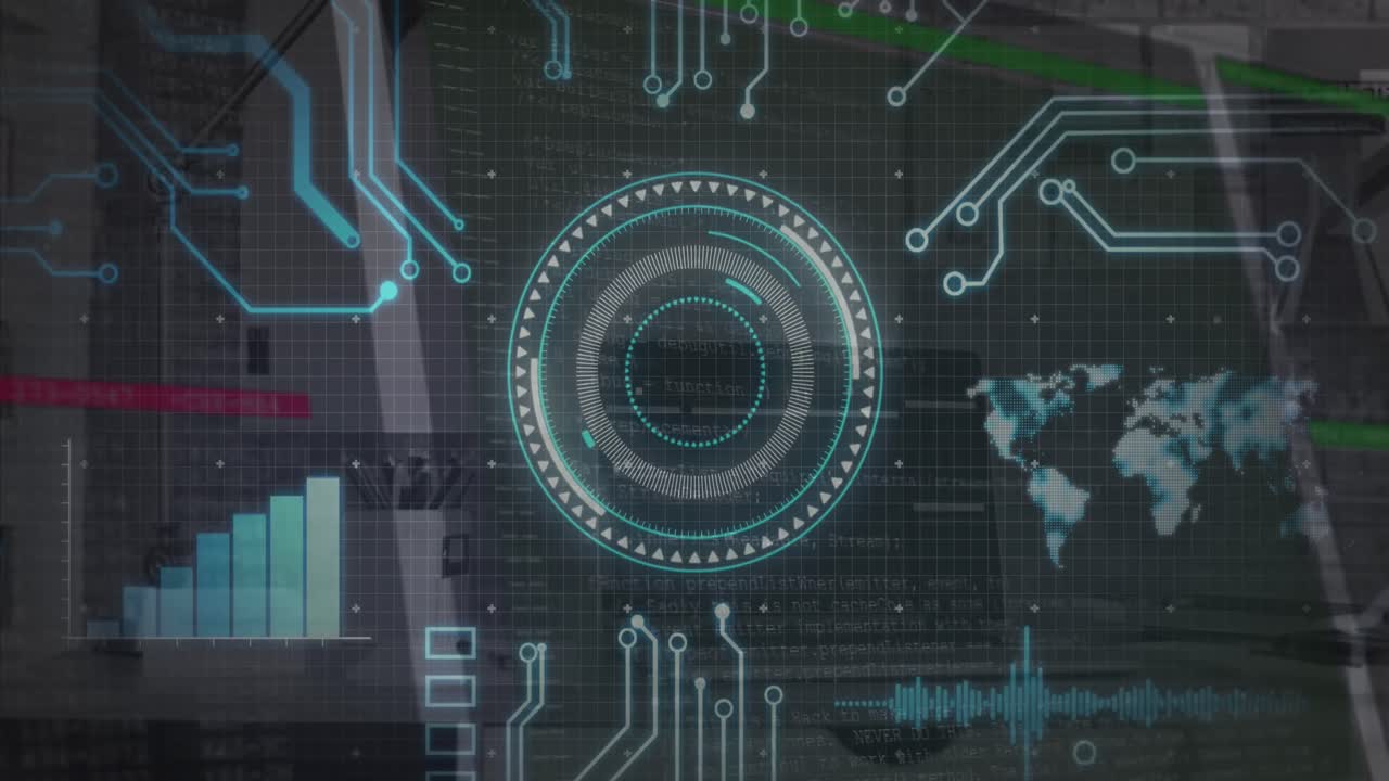 animación del escaneo de alcance sobre el procesamiento de datos y la placa base y los servidores de la computadora