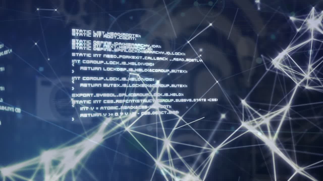 Animation of networks of connections and data processing over black background