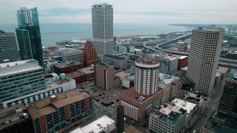 static aerial of milwaukee downtown in the early morning on a cloudy day