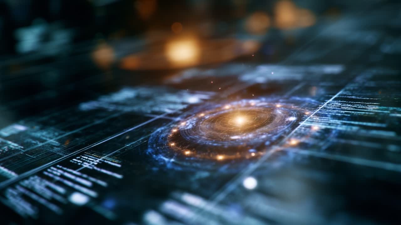 A Stunning Visual of a Spinning Galaxy Amidst Data Streams, Highlighting the Beauty of Cosmic Structures and Computational Simulations in the Universe