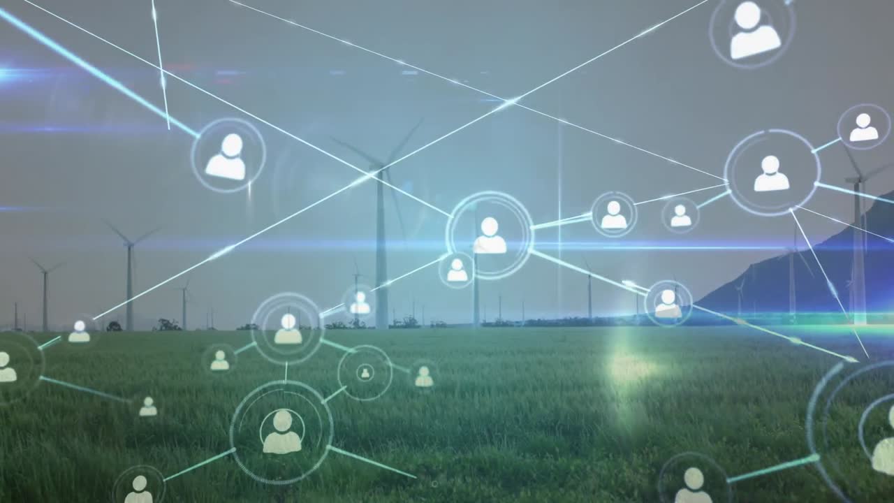 풍력 터빈에 대한 사람 아이콘과의 연결 네트워크의 애니메이션