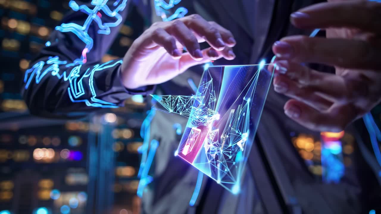 Futuristic cityscape at night with neon lights, captured from a high-angle