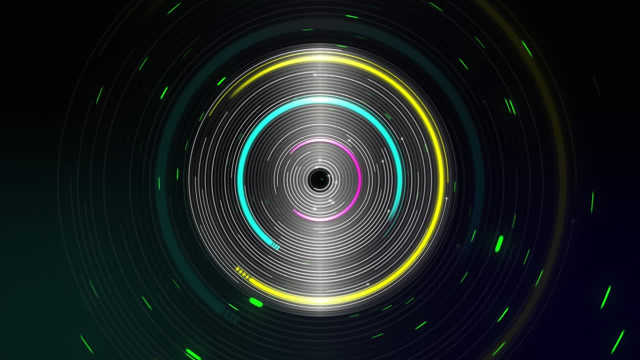 검은색 배경에 회전하는 다수의 다채로운 원을 회전시키는 애니메이션